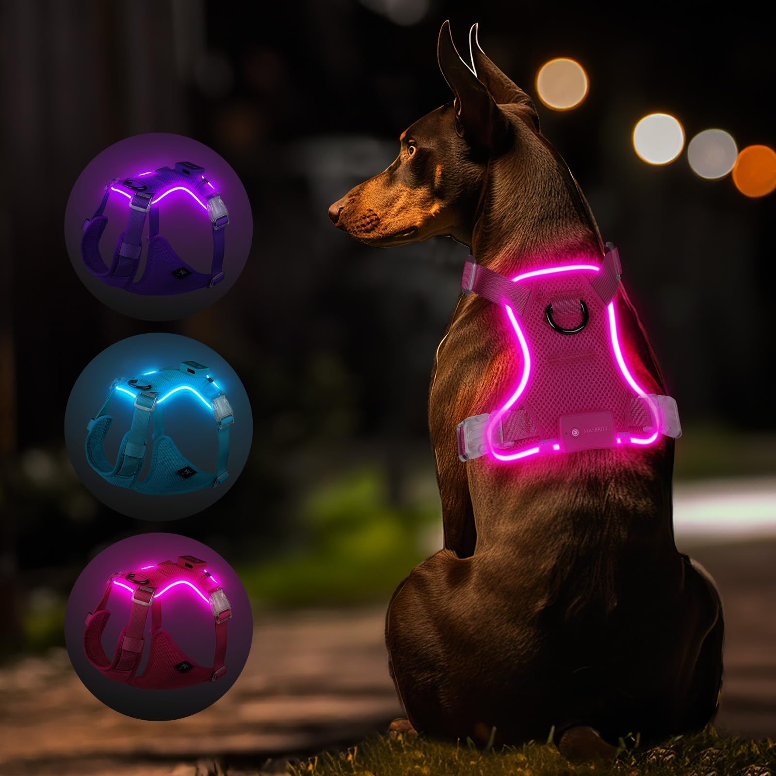 MASBRILL Light Up Harness, Rechargeable LED Dog Harness for Puppy to Large Dog, 7 Colors, 15 Lighting Modes, Glowing, Adjustable, Waterproof for Night Walking (Pink,M)