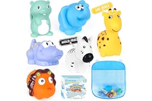 FHOZGECY Mold Free Bath Toys, 6 Pack Baby Bathtub Toys for Toddlers 1-3, No Hole No Mold Animal Bath Toys with Mesh Bag for Infants 6-12, Shower Toys for Kids Boys Girls Gifts (Wild Animal)