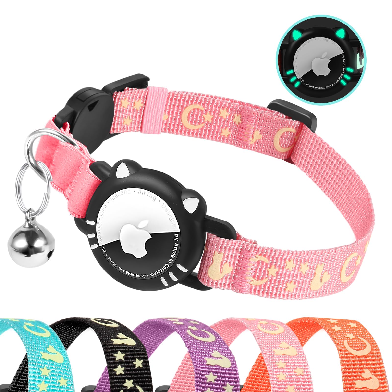 Ytanest Reflective Airtag Cat Collar, Breakaway Cat Collar with Air Tag Holder for Cats, Kittens, Pink, S(9-11 Inch)