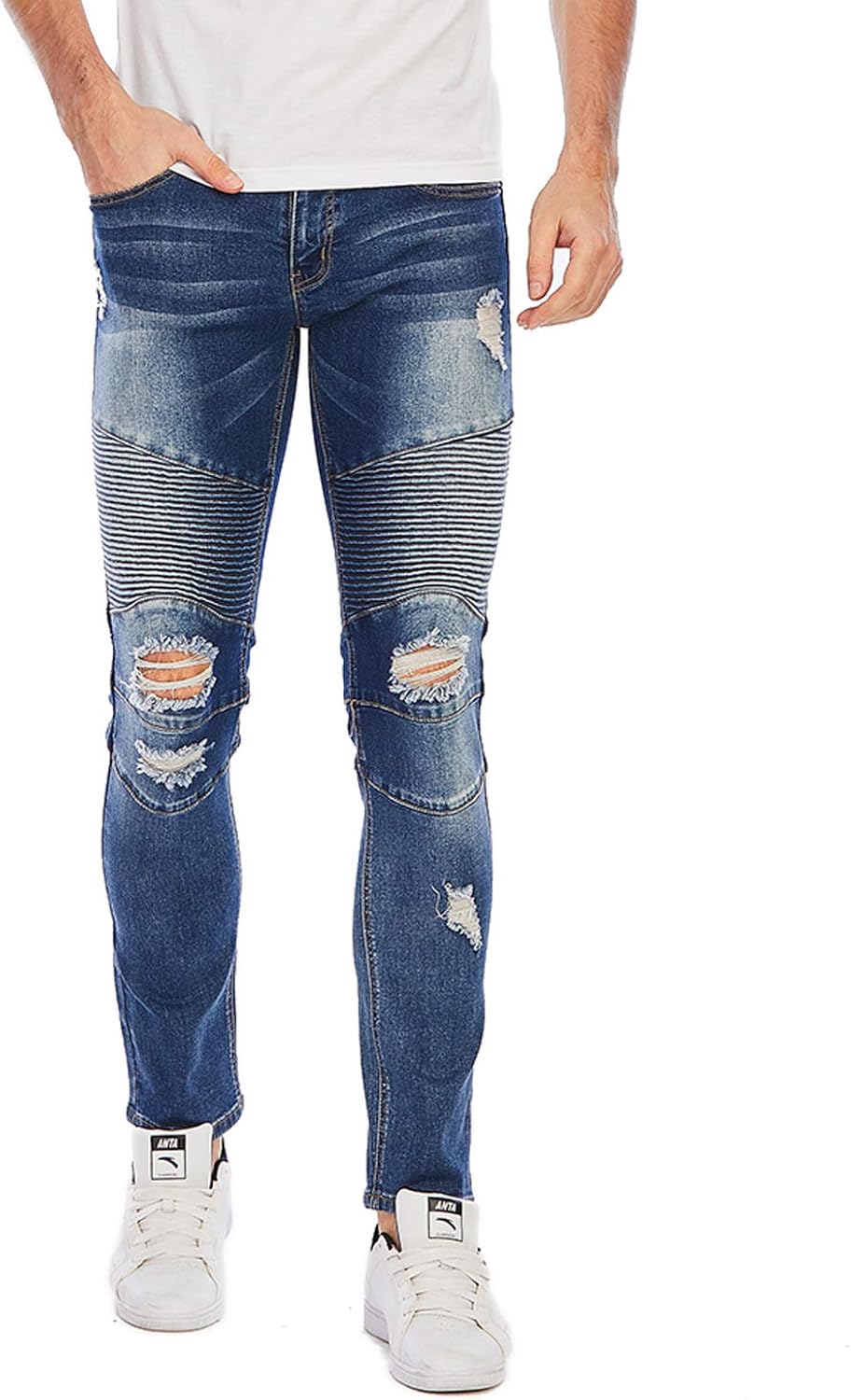 U/D Men's Ripped Slim Riding Ripped Straight Jeans Fashion