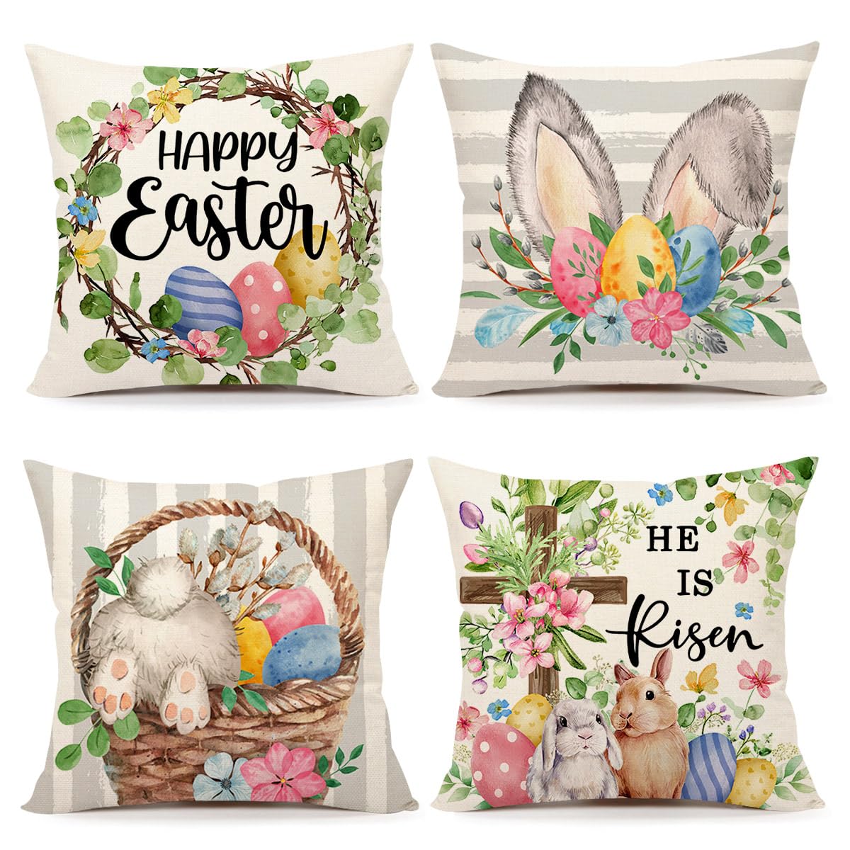 4TH Emotion Gray Easter Pillow Covers 20x20 Set of 4, He is Risen Bunny Floral Eggs Farmhouse Decorations Spring Holiday Decor Throw Cushion Case for Home Couch TH211-20