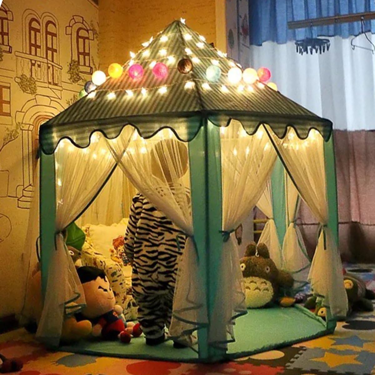 Aissimio Kids Indoor/Outdoor Play Fairy Princess Castle Tent,Portable Princess Fairy House Fun Equipped Toyfive-pointed star LED lights,Girls/Children/toddlers Gift Room Blue blue