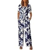 Happy Sailed Womens Summer Jumpsuits Floral Printed Short Sleeve High Waisted Pockets Wide Leg Rompers Beach Vacation Outfits