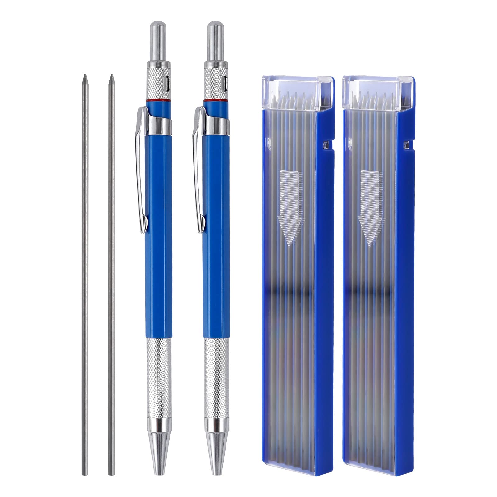 KINBOM 2Pcs Streak Welder Pencils with Build-In Nib Sharpener, 24Pcs 2mm Round Pencils Refills, Automatic Mechanical Carpenter Pencils for Welding Metal Wood Construction Marker Drawing Writing(Blue)
