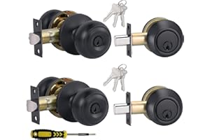 2 Sets All Keyed Alike Entry Door Knobs and Single Cylinder Deadbolt Lock Combo Set, Security for Entrance and Front Door with Classic Flat Ball Matte Black Finish by Lanwandeng