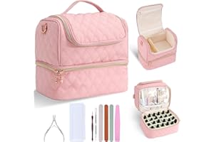 BAGCRAZY Nail Polish Organizer Case, Double Layer Nail Storage Bag for 24 Bottles and UV/LED Lamp, Portable Manicure Travel Case for Home, Salon and Vacation, Pink
