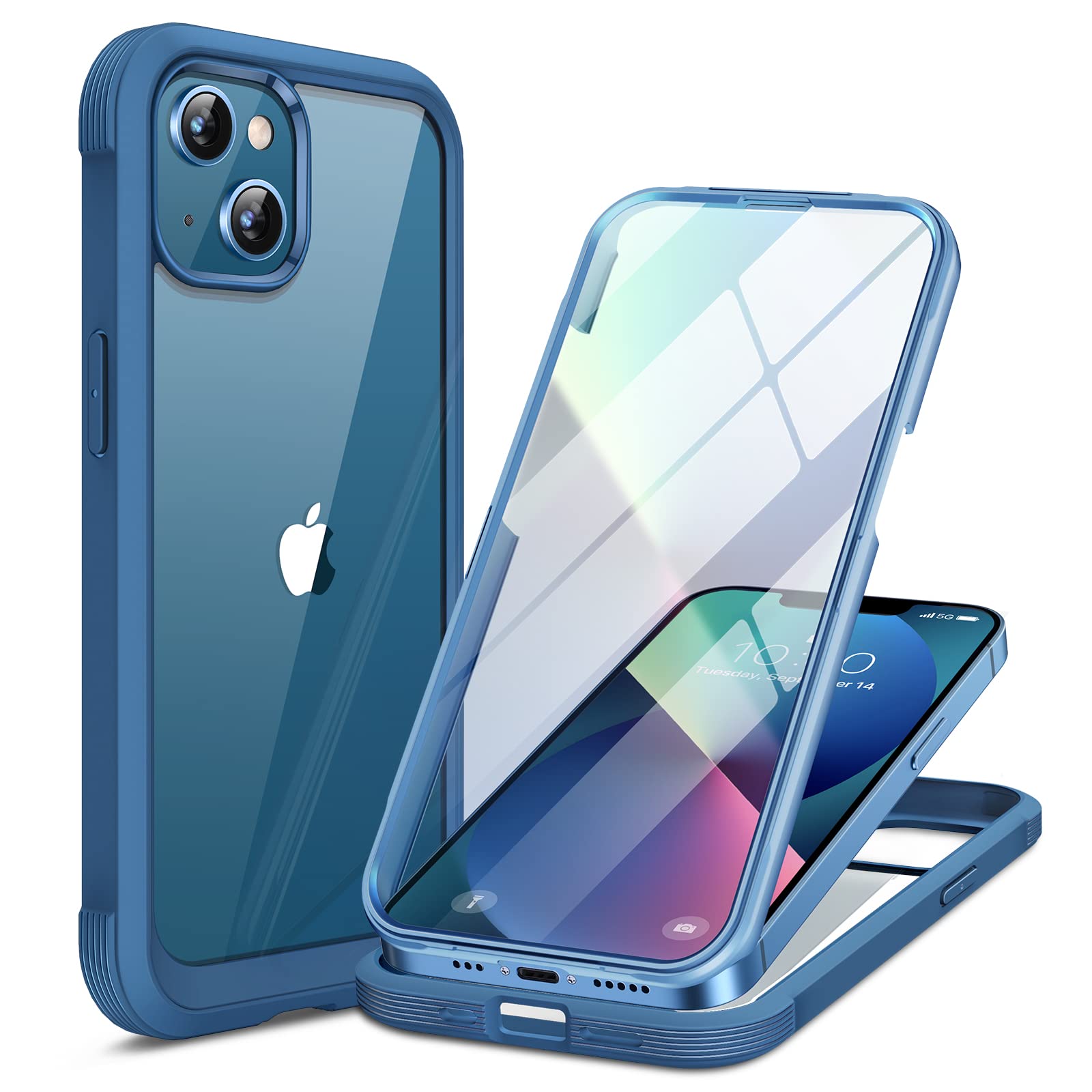 Miracase Compatible with iPhone 13 Case 6.1inch, [Built-in Glass Screen Protector] Full Body Rubber Bumper Clear Back Case Cover (Aqua Blue) — image 1