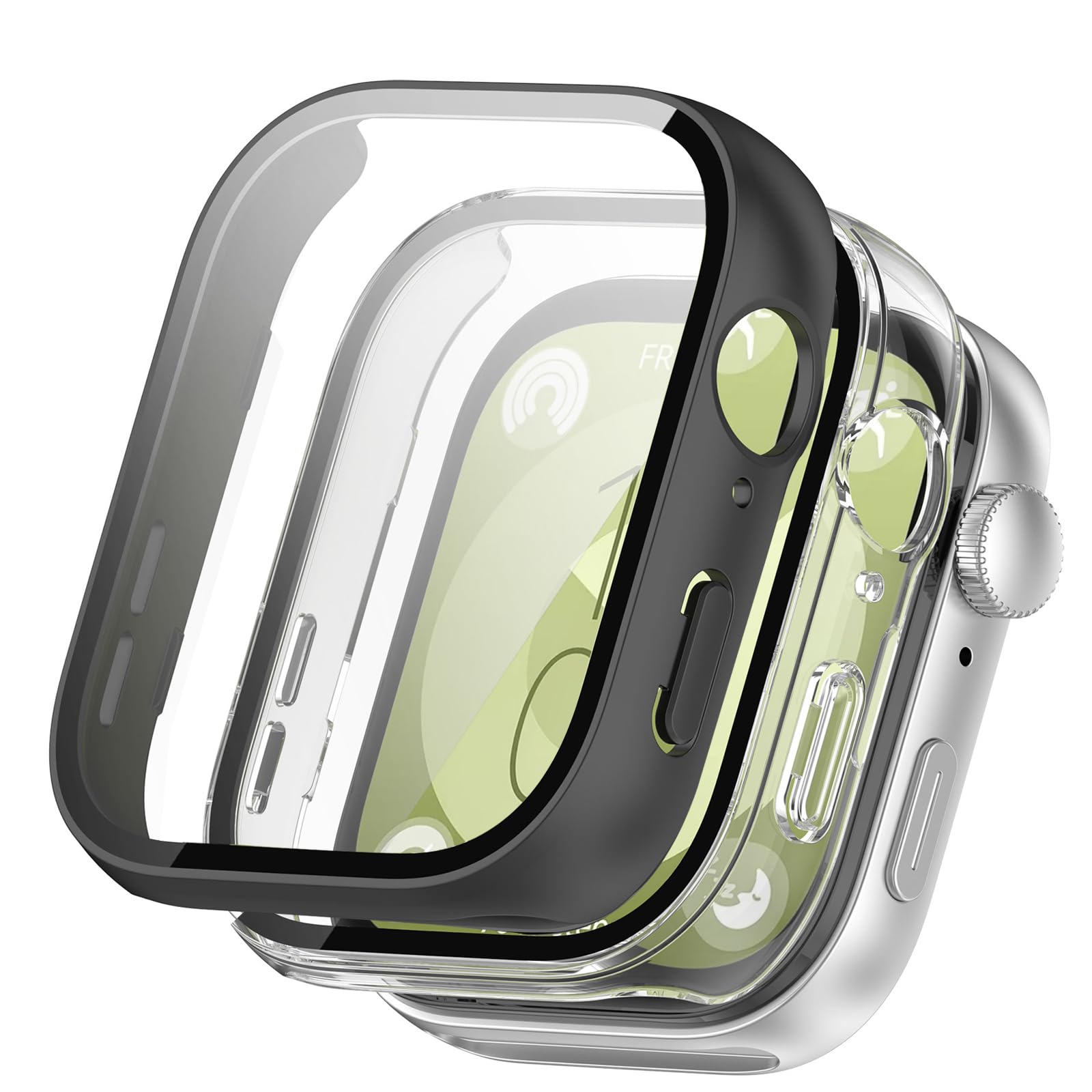 KZIOACSH Case with Tempered Glass for Huawei Watch Fit 3, 2 Pack Full Coverage Waterproof Hard PC Bumper Cover Ultra-Thin Anti-Scratch Shockproof Overall Screen Protector Protective Case,Clear+Black