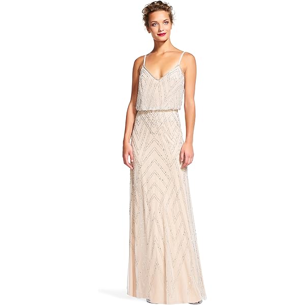 beaded chiffon blouson dress in mist by adrianna papell Elegant Square Neckline High-Low Skirt Beaded Lace Sequin Appliques Wedding Dress Ivory / XL