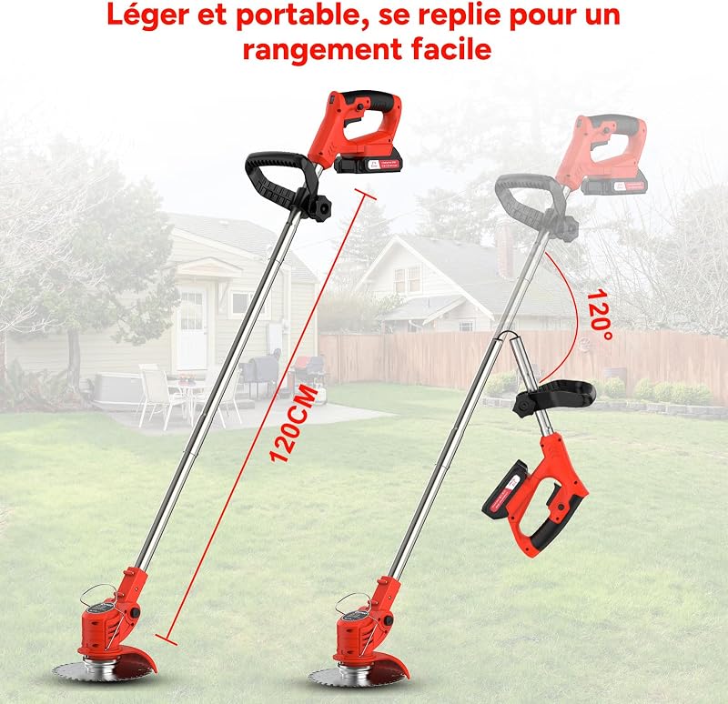 Debroussailleuse Electrique sans Fil, Débroussailleuse à Gazon sans balais avec 2 Batteries et 4 Lames avec poignée réglable, Débroussailleuse à Gazon Portable d'extérieur pour Couper l'herbe