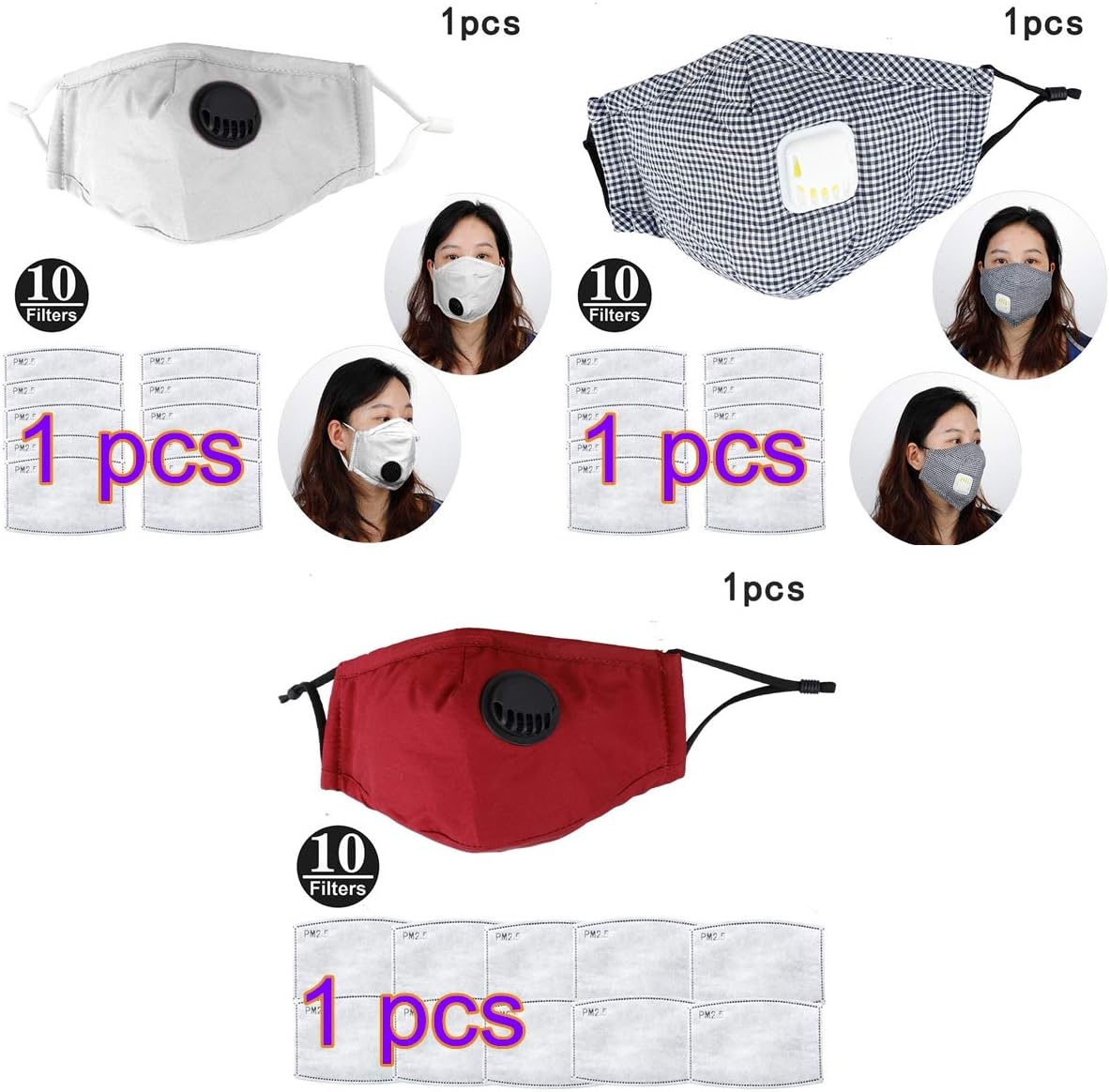 3PCS PM2.5 Mask, N95 Protection Masks with Respirator, Reusable Air Filter Mask, Anti Dust Mask Air Pollution Smoke Allergy Mask for Women and Men