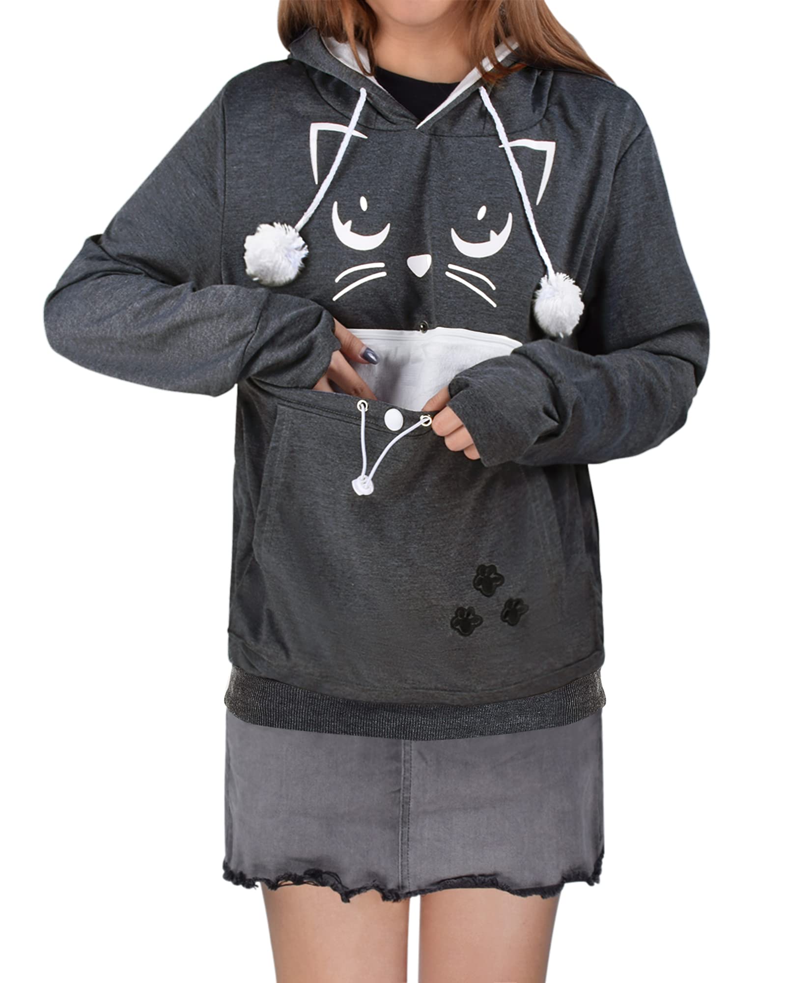 besbomig Unisex Pet Holder Hoodie Sweatshirt - Big Pouch Cat Eared Dog Carriers Long Sleeve Loose Pullover Tops Blouse Winter Autumn Dark Grey(Size: XXL)