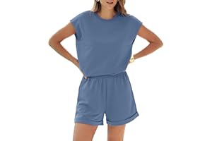 RUBZOOF 2 Piece Outfits for Women Lightweight Matching Lounge Sets Cap Sleeve Top and Elastic Waisted Shorts