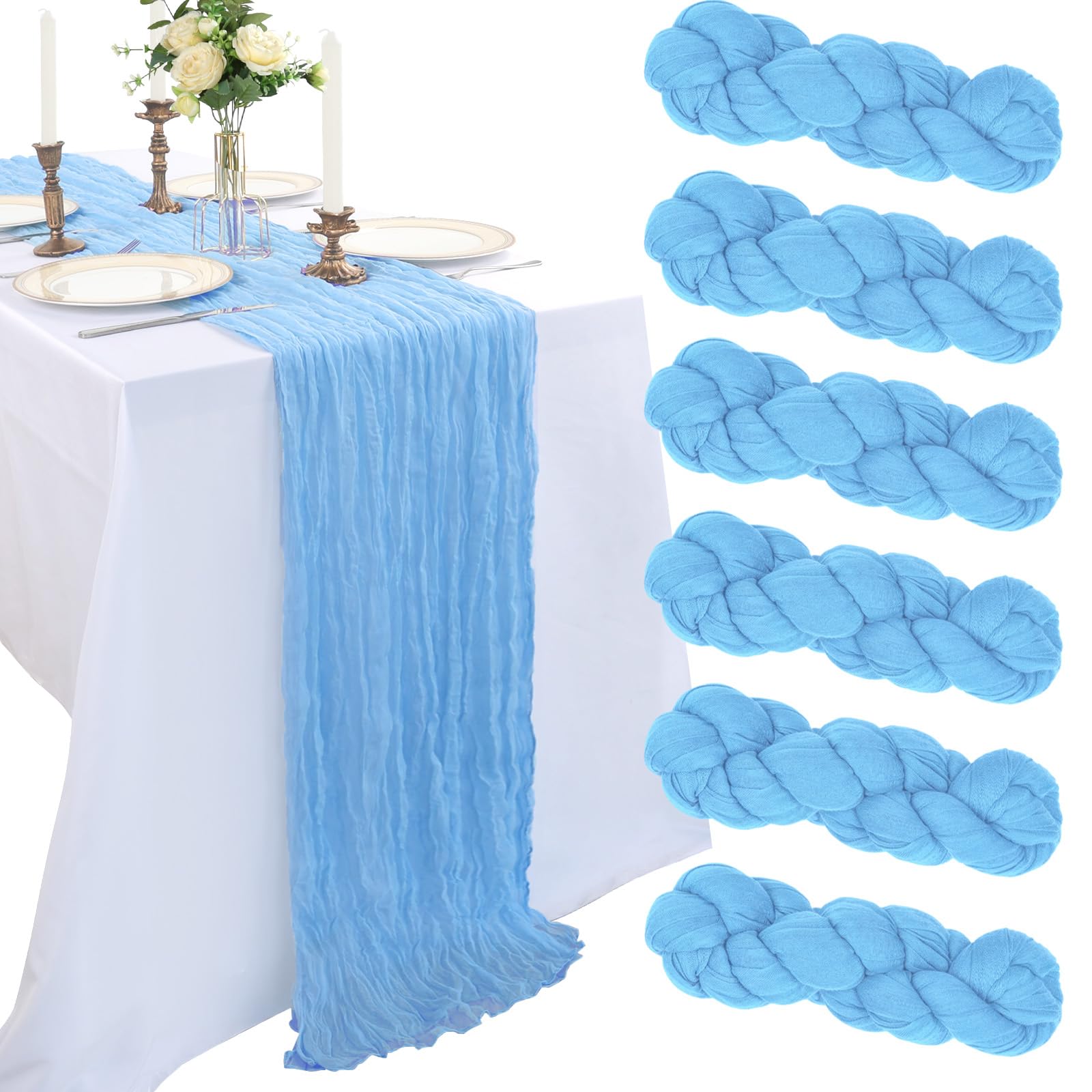 Photo 1 of 6 Pack 10FT Baby Blue Cheesecloth Table Runner 120 Inch Gauze Rustic Boho Cheese Cloth Fall Table Runner Decorations for Thanksgiving Wedding Party Birthday Bridal Baby Shower Centerpiece Home Decor