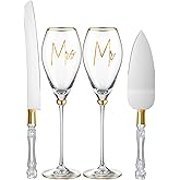 Boao 4 Pcs Wedding Cake Knife and Champagne Flutes Server Set, Wedding Reception Supplies Toasting Flutes Cylinder Champagne Glasses Cake Cutting Set for Engagement Gifts(Gold)