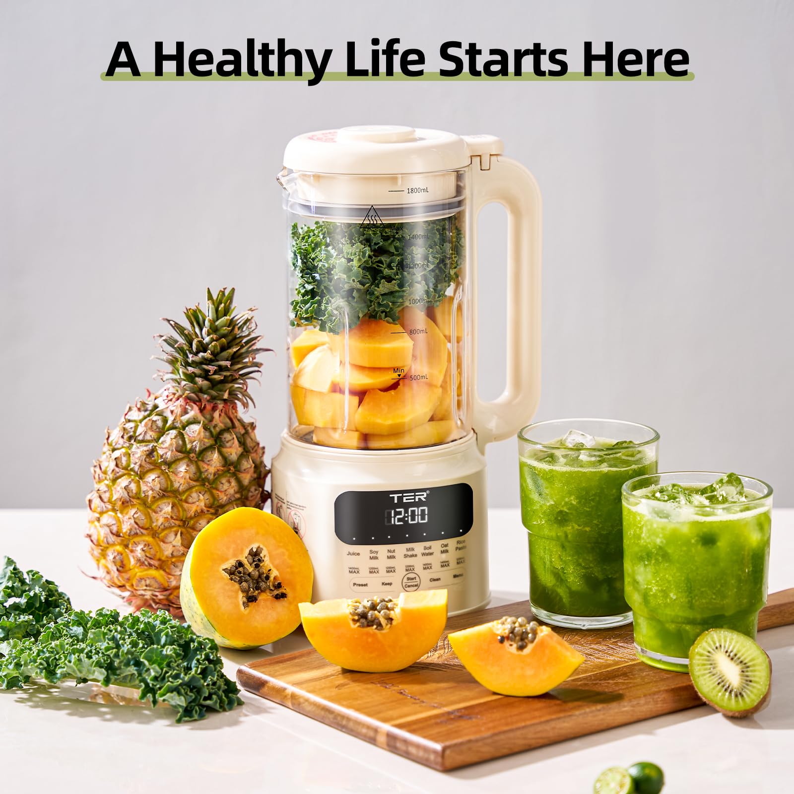 TER Máquina para hacer leche de nueces, 10 en 1 para hacer leche de soja, almendras/avena/leche de soja, jugo, batido, pasta de arroz, limpieza automática/tiempo preestablecido de 24 horas/12 horas para mantener caliente, con 7 accesorios, color beige