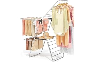 Clothes Drying Rack with 4 Wings, Stainless Steel Drying Rack Clothing with Height-Adjustable, Foldable Drying Rack, Indoor O