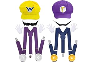 ratote Mari and Luigi Wari and Waluig Costume for Adult,Women and Men - Hats, Mustache, Gloves, Buttons, Suspenders