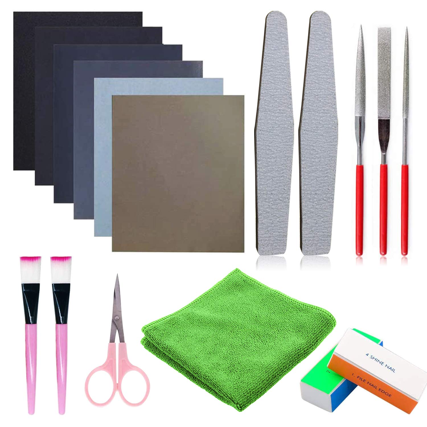 Woohome 17 PCS Resin Casting Tools Set Resin Polishing Kit, Sand Papers, Polishing Blocks, Polishing Cloth, Scissors, Brushes for Jewelry Making Supplies, Polishing Epoxy Resin