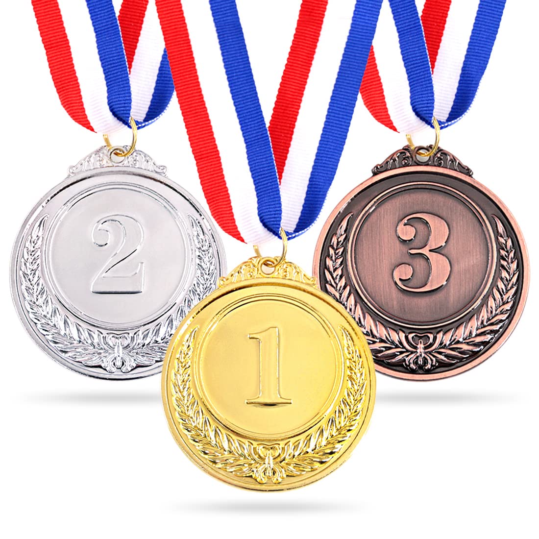 Swpeet 3Pcs Metal Gold Silver Bronze Award Medals with Ribbon, Olympic Style Winner Medals for Events, Classrooms, Office Games and Sports - 1st 2nd 3rd Place (Award Medals-3Pcs)