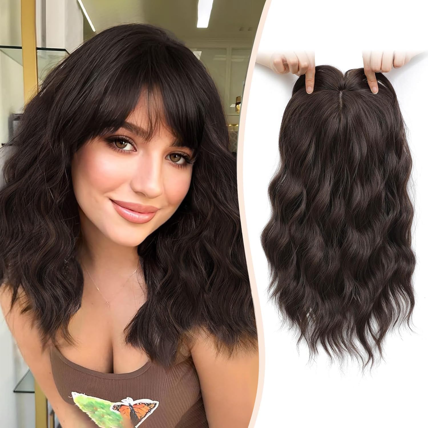 Flyroseing Hair Toppers with Fringe, 6.5x6.5" Large Base Topper for Thinning Hair Women, 14 Inch Chocolate Brown Wavy Synthetic Wiglets Hairpieces for Women