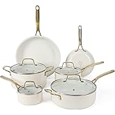 Martha Stewart Lockton Premium Non stick Non Toxic PFA Free Ceramic Interior 10 Piece Heavy Gauge Enamel Aluminum Pots and Pans Cookware Set - Linen White w/Gold Handle