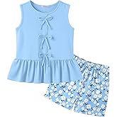 Arshiner Girls Clothes Summer 2 Piece Outfits Sleeveless Butterfly Knot Ruffle Hem Tops and Shorts Kids Short Sets 2-10 Years