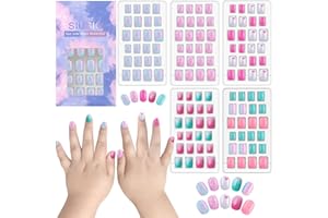 SIUSIO 120 Pcs 5 Pack Children Acrylic Fake Nails Press on Pre-glue Full Cover Glitter Gradient Color Rainbow Short False Nail Art Kits Set for Kids Little Girls - Multicolor Gradient Series