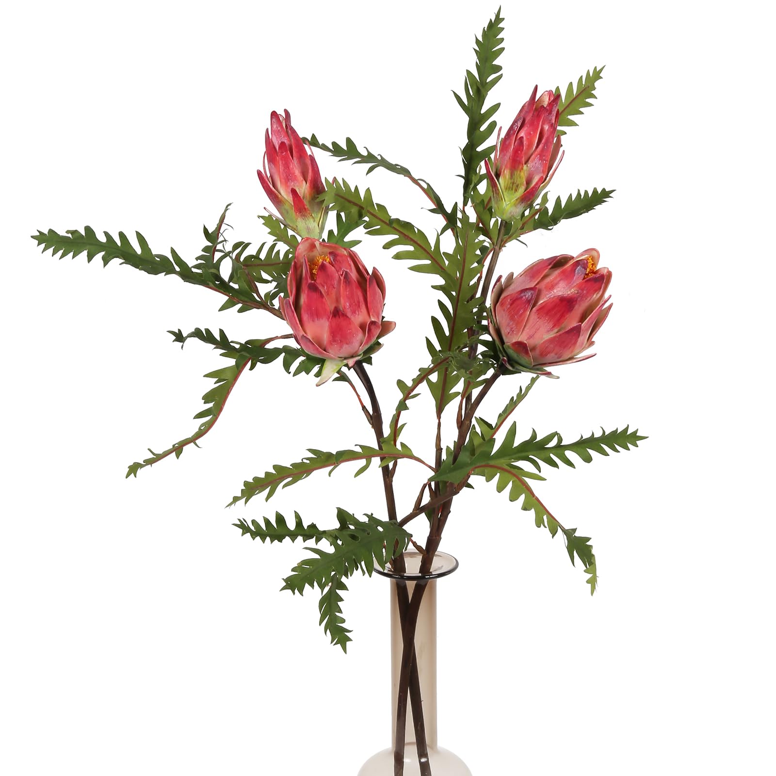 Photo 1 of IPOPU Red Artificial Protea Flowers 2PCS Realistic Artificial Protea Silk Cynaroides Flower 31" Long Stem The King Protea Fake Plant Flowe for Wedding Table Centerpieces Home Garden Decoration(Red)
