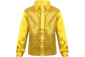 Yruioon Kids Boys Sparkle Sequins Long Sleeve Button Down Shirt Latin Jazz Dance Stage Performance Costume