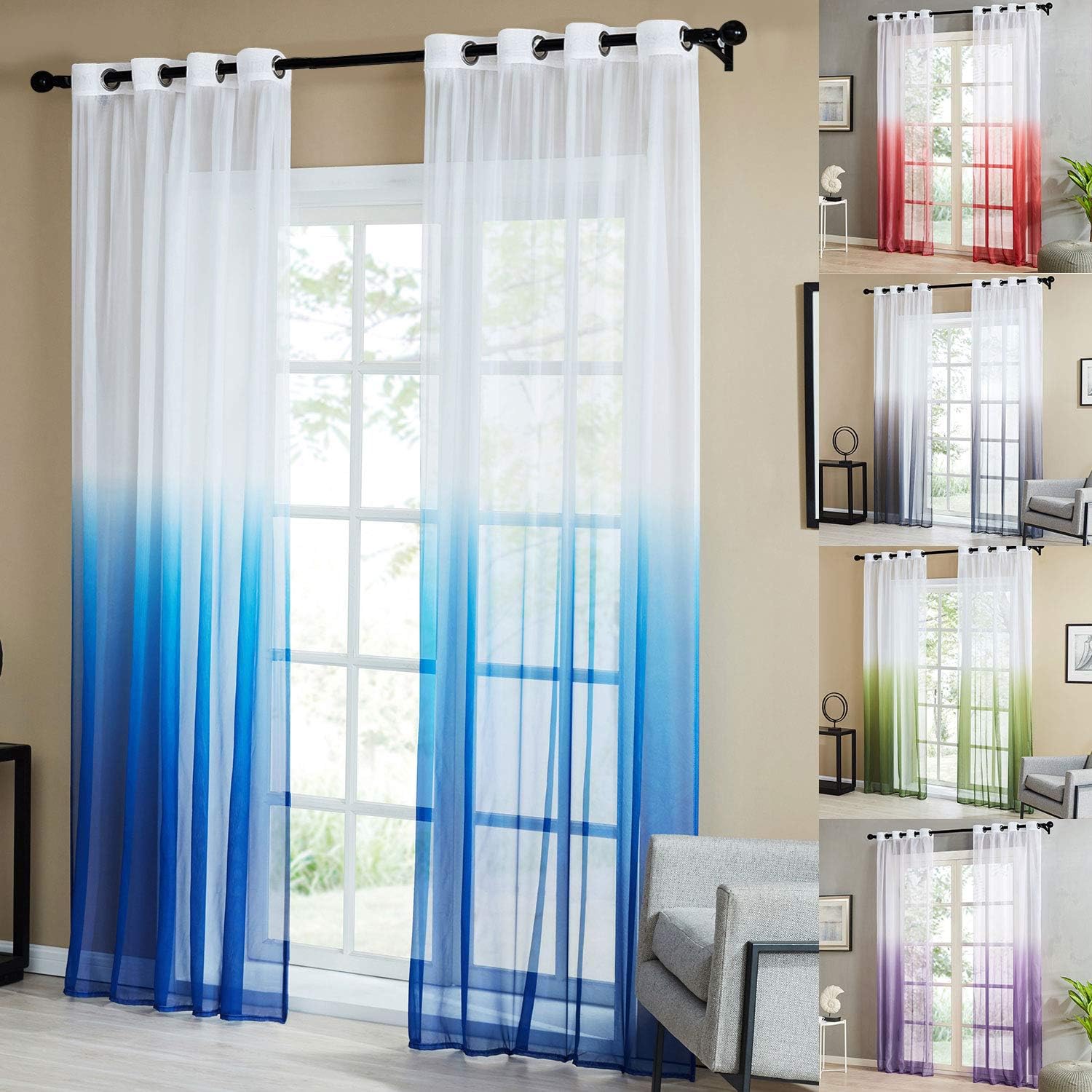 Topfinel Navy Gradient Voile Curtain 86 Drop 2 Panels Eyelet Tulle Curtains 54 x 86 Inch 140cmx220cm for Living Room
