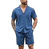 Marvmys Men Pajama Set Cotton Sleepwear Short Sleeve Button Down Pajamas Loungewear 2 Piece Pj Set with Pockets S-2XL