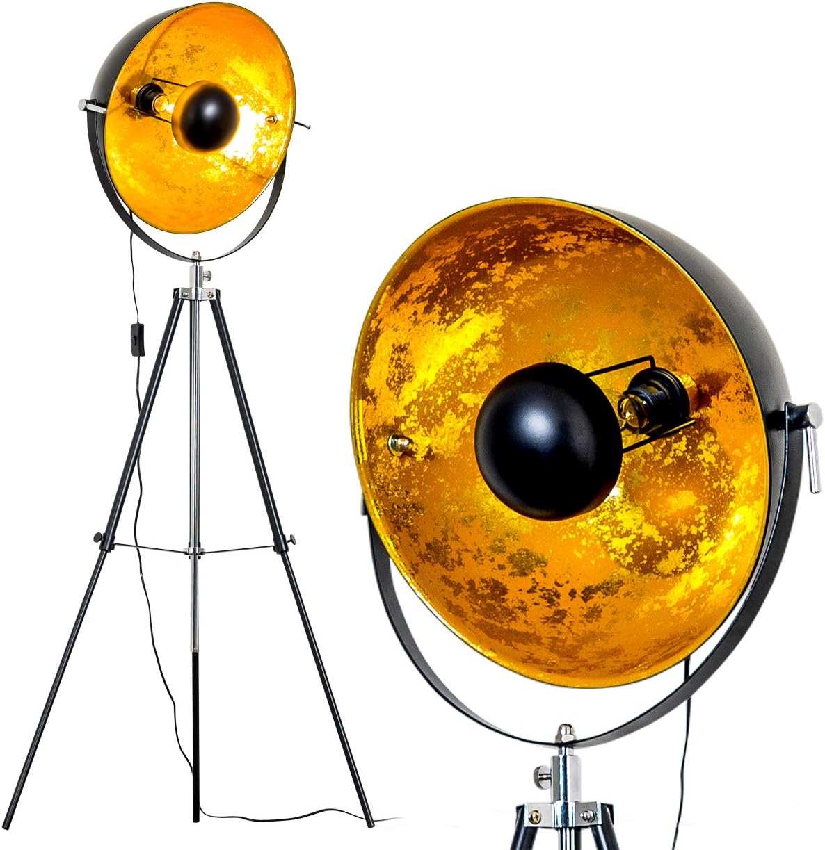 Stehlampe Saturn, Vintage Stehleuchte mit Lampenschirm in Gold/Schwarz