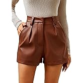 Milumia Women's PU Leather High Waisted Pleated Wide Leg Dressy Shorts with Pocket