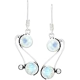 Natural & Simulated Gemstone 925 Silver Plated Dangle Earrings for Women – Round Shape Two Stone Birthstone Drop Earrings – Handmade Lightweight Fashion Jewelry – Gift for Wedding Christmas Birthday
