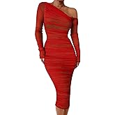GOKATOSAU Women's Elegant Long Sleeve One Off Shoulder Mesh Full Ruched Bodycon Midi Dress