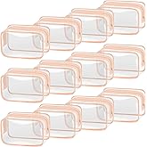 TISRATOK 12 PCS Clear Makeup Bag for Women with Zipper, TSA Approved Toiletry Pouch, Cosmetic Bag Bulk for Travel Organizer Essentials -Orange-pink, Small