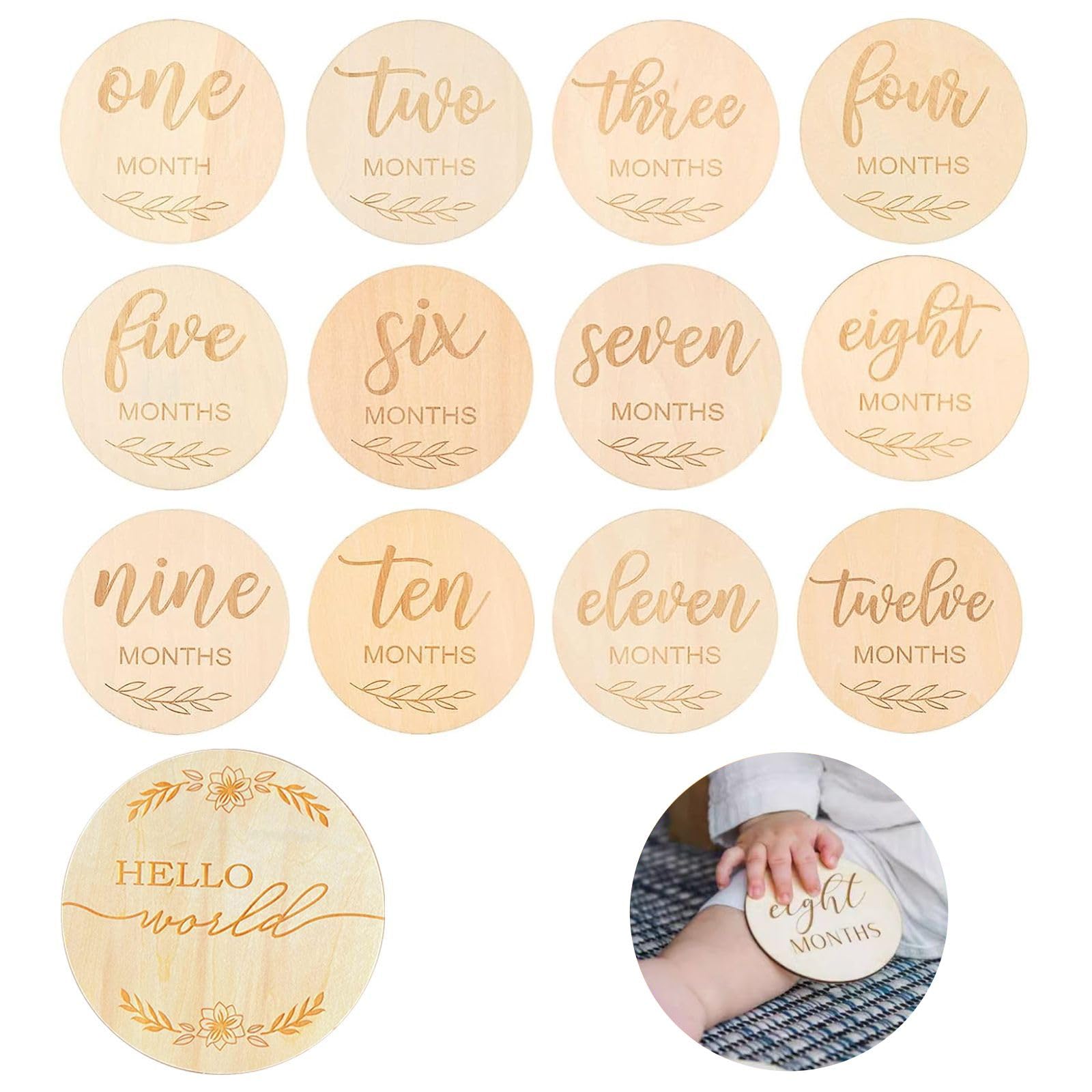 13 Pcs Wooden Baby Milestone Cards and Hello World Baby Sign Set, Double Sided Baby Monthly Milestone Cards, 15cm Round Baby Announcement Plaque, for Baby Shower Photo Prop Nursery Gift