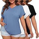 Ficerd 3 Pack Women's Plus Size T-Shirts, V Neck Short Sleeve Oversize Tunics Tops Sides Split Summer Loose Tees with Pockets