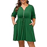 Manllenshie Womens Plus Size Dress Casual Roll up Long Sleeves Zipper V Neck Tie Waist Flowy Loose Dresses (Green,2XL)