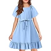 Arshiner Girls Dresses Kids Summer Square Neck Ruffle Hem Belted Dress with Pockets for 5-12 Years