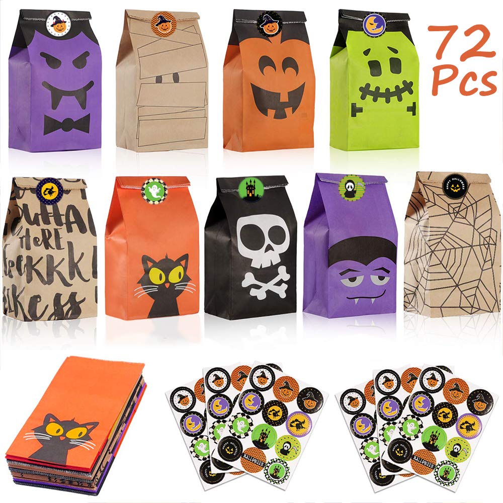 Viccess 72Pcs Paper Halloween Treat Bags with 72 Pcs Stickers, Kids Halloween Paper Gift Bags Party Bag Candy Bag For Trick or Treating, Sweet, Toys (9 Patterns, 18 * 9 * 5.5CM)