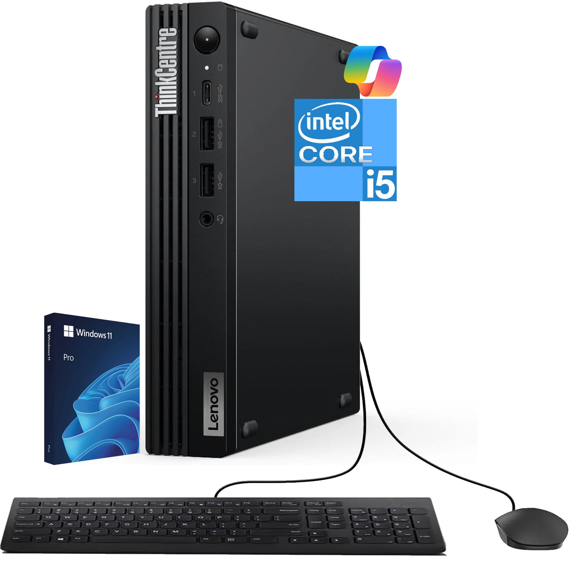 Lenovo ThinkCentre Tiny M70q G5 Intel Deca Core i5-14400T (Beats i7-13700T), 16GB DDR5, 512GB NVMe, DisplayPort, HDMI, WiFi 6, RJ-45, KB y mouse con cable, Win 11 Pro, 3 años de garantía, computadora de escritorio empresarial - Negro