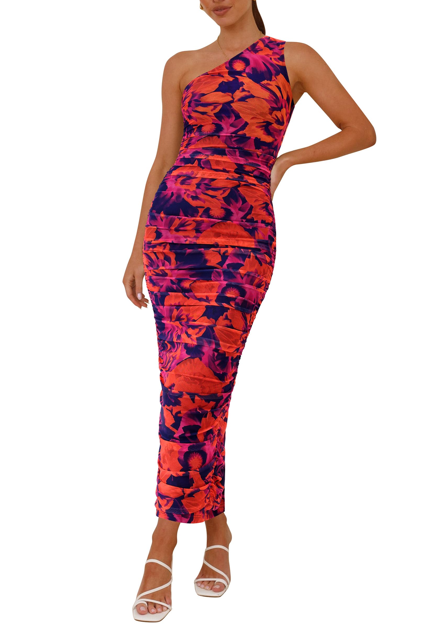 Photo 1 of PRETTYGARDEN Women's One Shoulder Bodycon Dresses Summer 2025 Ruched Floral Beach Cocktail Wedding Guest Dress(Purple Orange,Large)