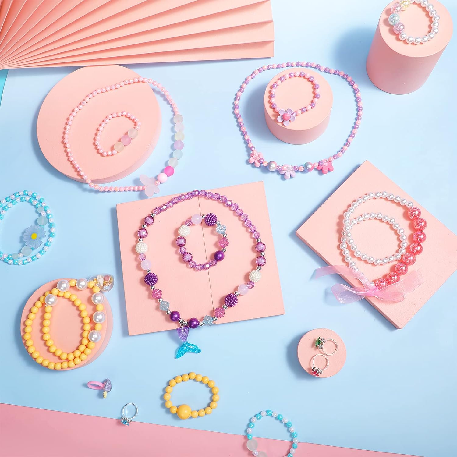 Girl Princess Necklace Bracelet Jewelry Set Includes 6 Sets Girls Beaded Necklace Bracelet with 8 Rings for Dress Up Party Cosplay Accessories (Heart, Flower Style): Toys & Games
