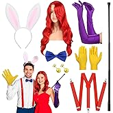 HooLing 10 Pcs Halloween Rabbit Couple Costume Accessory Set Include Red Wig Bunny Ears Headband Gloves Plastic Holder Satin Bowties Y Back Suspenders Buttons and Earrings for Adults Cosplay Party