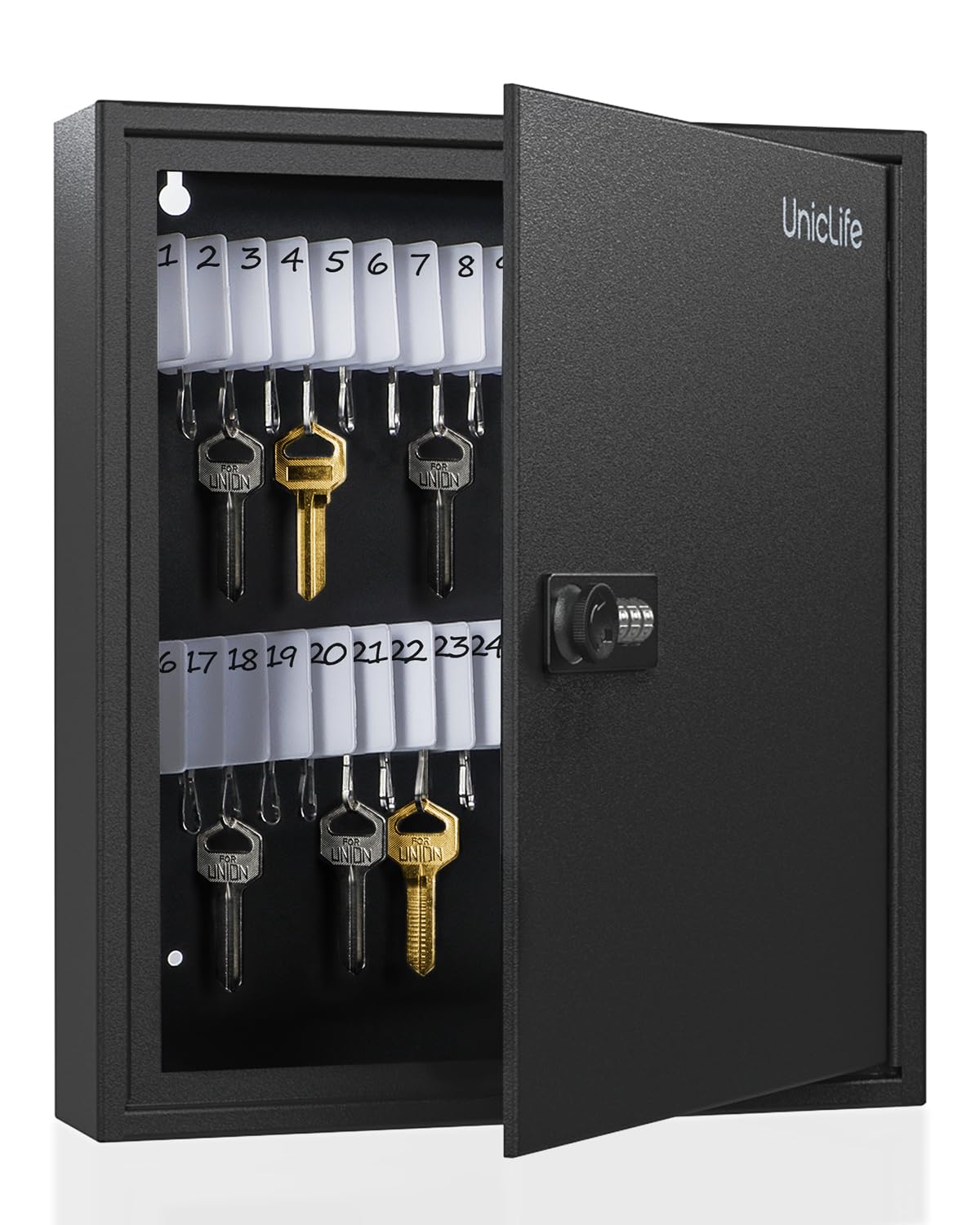 Uniclife 60 Position Slotted Key Cabinet with Combination Lock, Black Digital Security Storage Box, Steel Key Organizer