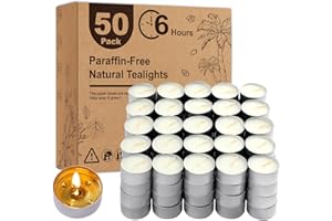 HYPMIS Unscented Tea Lights Candles 50 Pack,6 Hours Long Burning White Tea Candles Bulk,Non-Paraffin, Clean Burn, Smokeless, Palm Tealight Candles for Wedding,Centerpiece,Christmas Lights,Home Decor