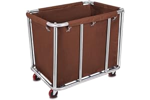 LORQING 10 Bushels Laundry Cart Commercial/Home,Heavy Duty Large Stainless Steel Rolling Laundry Basket with Wheels，for Laundry Organizer and Storage,260LBS Load (Brown)