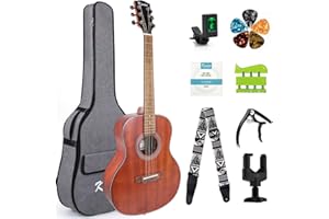 Kmise 38 in Beginner Acoustic Guitar 6 Metal Strings Mahogany Top Guitar Starter Kit with carring bag tuner strap capo hook h